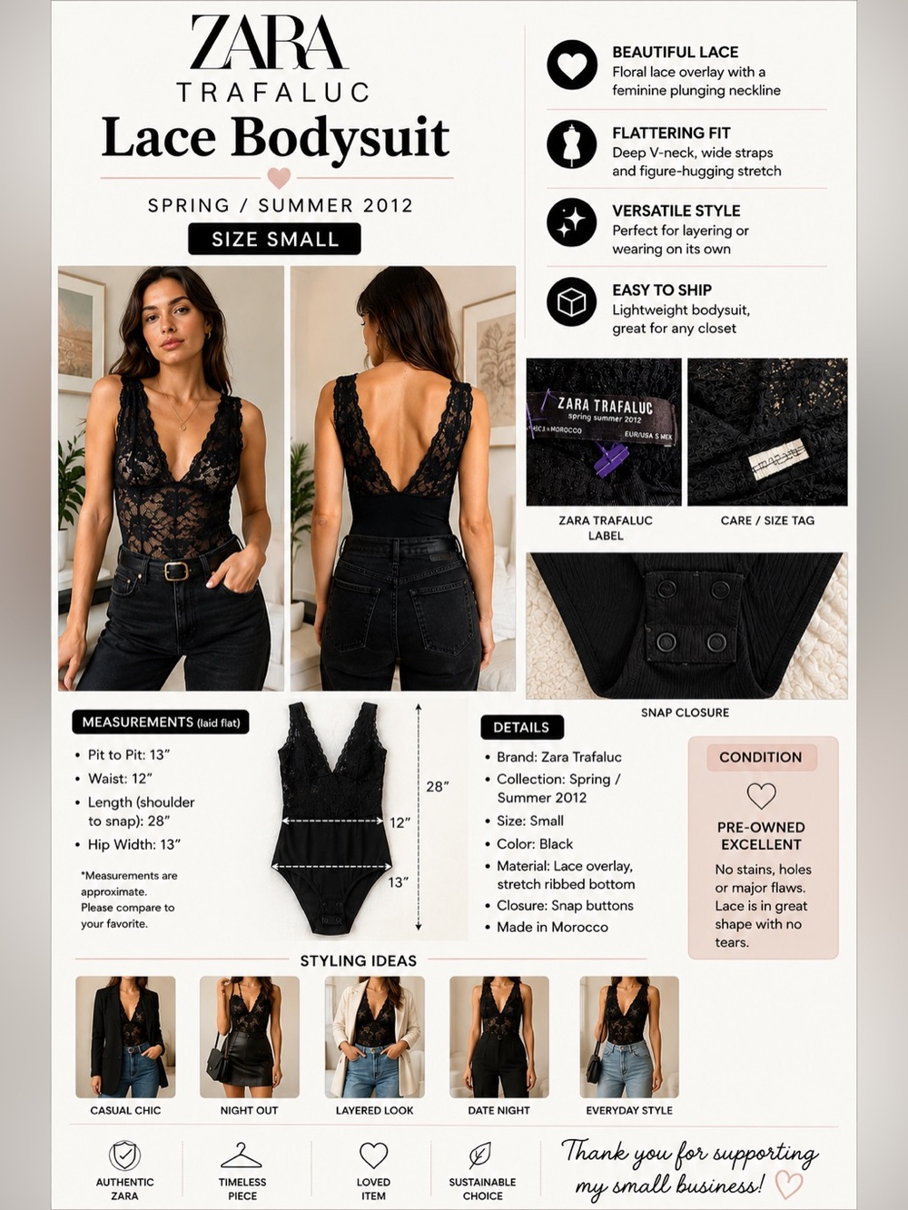 Zara Trafaluc Black Lace Bodysuit Women's Size Small Plunge Sleeveless Stretch